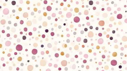 A soft pastel pattern of small scattered circles in pink purple and gold on a white background creating a delicate design
