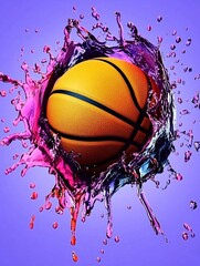 Basketball splash action shot, vibrant colors, studio background, sports graphic