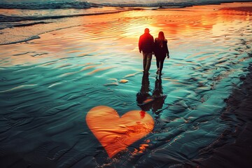 Couple walking hand in hand on a beach at sunset with a heart-shaped reflection in the water