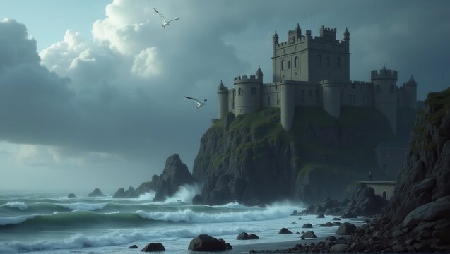 A dramatic coastal scene with towering waves crashing against a castle on a cliff, under a moody sky with flying birds, evoking mystery and power. Generative, AI,