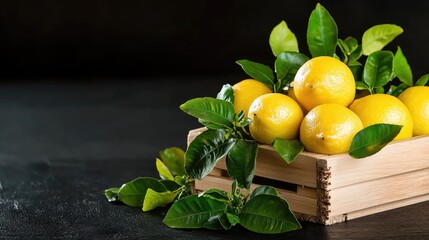Fresh lemons in wooden crate, dark background, healthy food