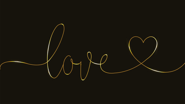 LOVE. Line art. Gold. Hand lettering. Love, heart, relationship. Vector illustration. Typography. Valentine's Day. Continuous line. Script love text. poster, card, banner, wedding, tee, t-shirt. 
