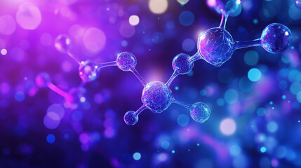 Abstract image of melatonin and sleep, glowing molecular structures floating in dark blue outer space