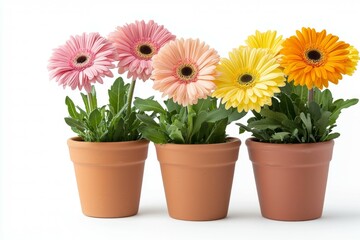 Three potted flowers of different colors are arranged in a row