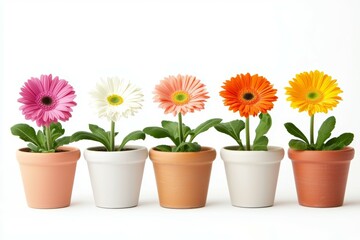 Fototapeta premium Row of five potted flowers with different colors