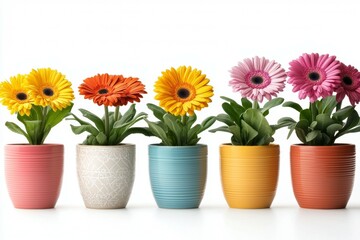 Row of colorful flower pots with different colored flowers in them