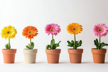 Row of five potted flowers, each in a different color, are arranged in a row