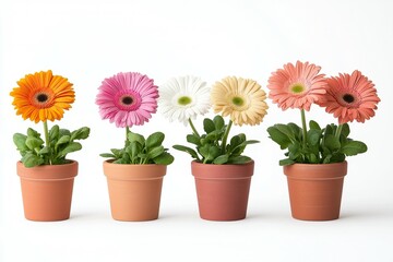 Fototapeta premium Row of potted flowers in different colors, including pink, white, and orange
