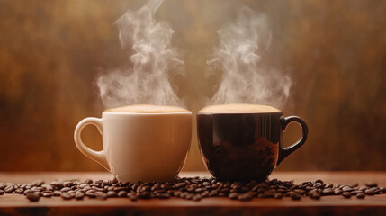 Fototapeta premium Two steaming cups of freshly brewed coffee in black and white ceramic mugs with roasted beans on a rustic wooden table creating a cozy atmosphere