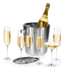 Champagne and bucket with ice isolated on white