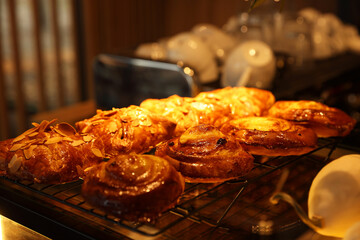 Delicious sweet roll buns on display in cafe, closeup