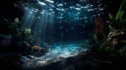Mysterious Deep Sea Underwater Scene with Sunlight Rays