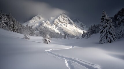 Obraz premium Winter wonderland: Stunning landscape blanketed in snow, capturing the serene beauty and tranquil atmosphere of a pristine winter scene with picturesque scenery and frosty