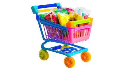 Colorful toy shopping cart filled with play dough on transparent background