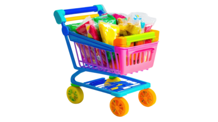 Colorful toy shopping cart filled with play dough on transparent background