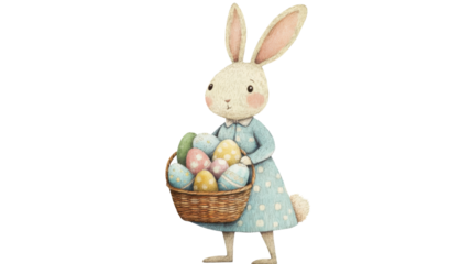 Easter bunny carrying basket full of decorated eggs on transparent background