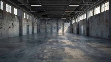 Obraz premium Empty old industrial warehouse with windows and flooring