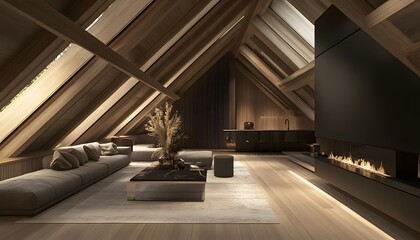 Modern Attic Living Room With Fireplace And Skylights