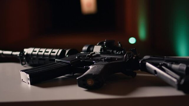 Semiautomatic weapon in shooting range used for shooting courses designed to elevate marksmanship skills. Close up of assault rifle in shooting gallery used to shoot targets, handheld camera shot