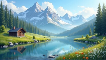 A peaceful mountain scene with a tranquil lake reflecting the snowy peaks, surrounded by lush green trees and a cozy cabin by the water, creating a serene nature escape. Generative, AI,