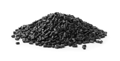 Pile of black plastic granules isolated on white
