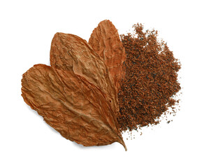 Dry tobacco and leaves isolated on white, top view