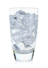 Refreshing soda water with ice cubes in glass isolated on white