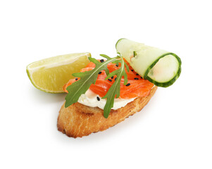 Delicious bruschetta with cream cheese, salmon, cucumber and piece of lime isolated on white