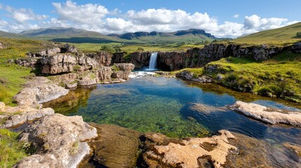 Waterfall cascading into clear pool, highlands landscape