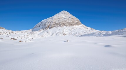 Snowy mountain peak under blue sky, winter landscape, travel photography