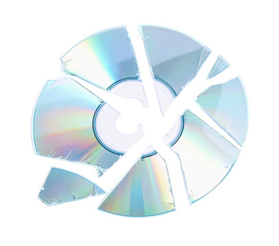Broken compact disc isolated on white, above view