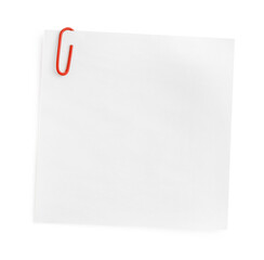 Blank paper note attached with clip isolated on white, top view