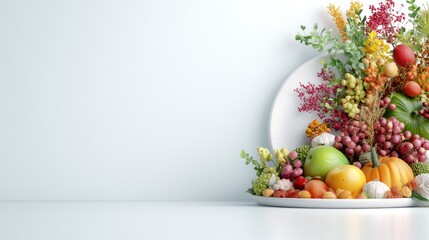 Autumn harvest fruits & flowers on plate, white background