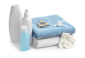 Baby cosmetic products and bath accessories isolated on white