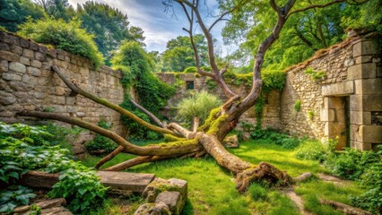Obraz premium A serene landscape with a fallen tree and overgrown weeds in a once-lush garden surrounded by stone walls, symbolizing decay and neglect , overgrowth, stone walls