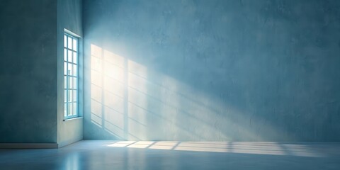 Obraz premium Softly illuminated plaster wall with subtle shadow and light emanating from a window, casting an ethereal glow , interior design, minimal abstract light blue background