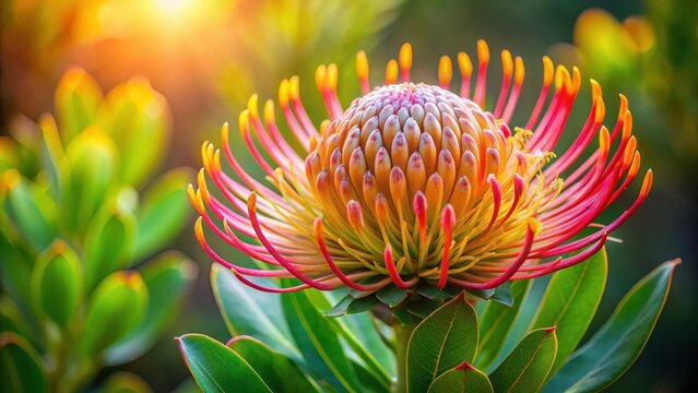 Vibrant Madiba Protea flower on a lush green background with soft focus and warm lighting, showcasing its unique texture and intricate details , Texture, Madiba Protea