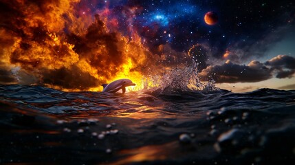 Playful Dolphin Leaping at Sunset Under a Cosmic Sky