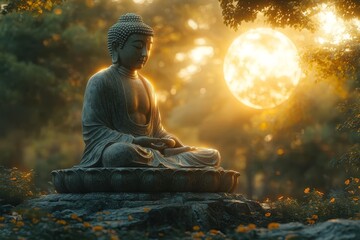 Meditative Buddha statue at sunset, serene garden