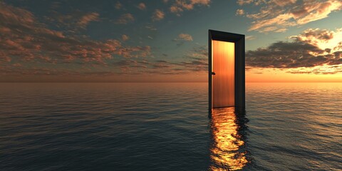 Sunset ocean door, open to hope, new beginnings