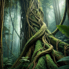 A rainforest tree with vines wrapping around its trunk