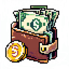Fototapeta premium illustration of a wallet holding dollars pixel art on a white background