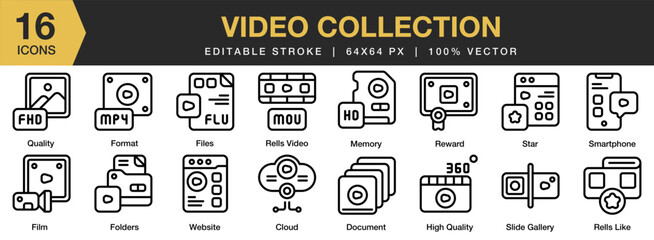 Video Collection icon set. Editable Stroke Icon Collection. Includes video, design, media, digital, collection, and More. Outline icons vector collection.