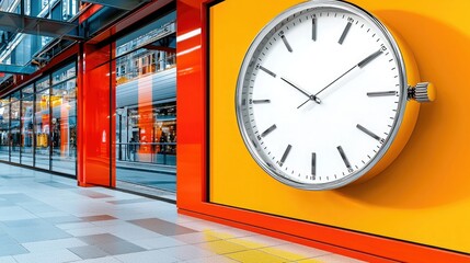 A large, modern clock on a vibrant orange wall in a contemporary urban setting, showcasing sleek design elements and bright colors.