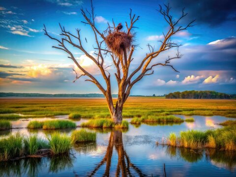 Abandoned machan, skeletal tree, bird nest; a portrait of eerie wetland solitude.