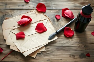 Vintage-style love letters scattered on a wooden table with a quill and ink bottle