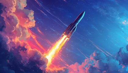 Rocket Ascending Through Vibrant Colorful Cloudscape