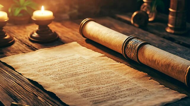 Old scroll with ancient writing and candles placed on a wooden table in a dimly lit room