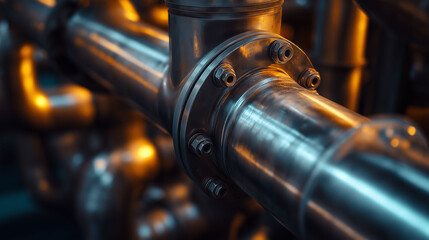 A close-up of the heat exchanger's internal pipes, with focus on the textures and reflections of the metal surface, shot in harsh light to emphasize the industrial aesthetic