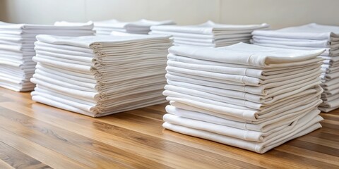 Naklejka premium White tablecloths neatly stacked on top of each other in a folded and organized manner on a wooden floor, clean, fabric